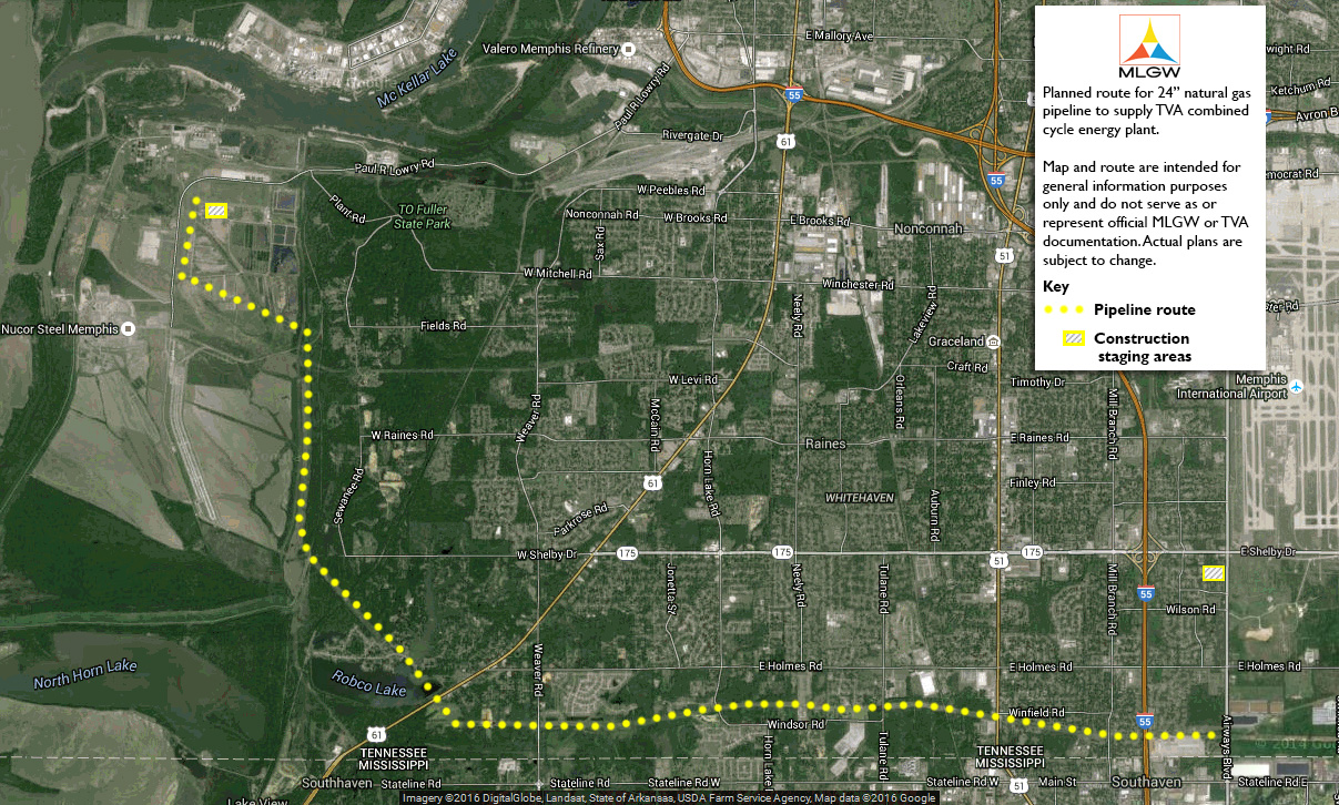 Planned route for natural gas pipeline to supply TVA energy plant in south Memphis